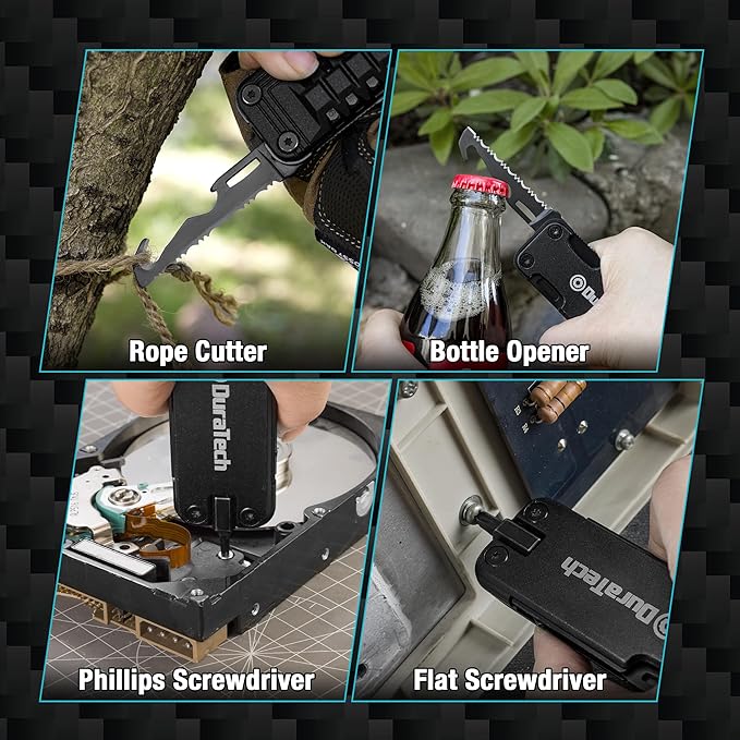 DuraTech 16-in-1 Multitool Knife, Compact EDC Pocket Tool with Locking Blade, Magnetic Bit Holder, 6 S2 Screwdriver Bits, Bottle Opener & Rope Cutter ??Ideal for Camping, Hiking, Survival