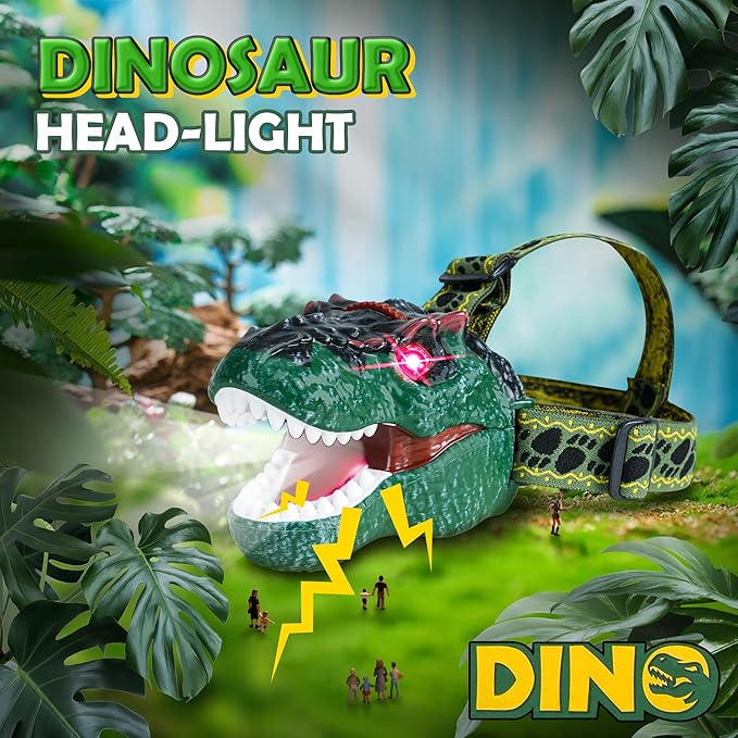 Dinosaur Headlamp for Kids T-Rex LED Flashlight with Roar Sound and Projection Adjustable Headband Fun Camping Gear Outdoor Adventure Toy Gift for Boys and Girls Ages 3-8