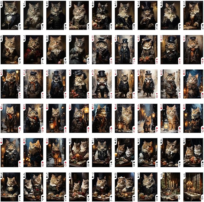 Victorian Cats Playing Cards (Poker Deck 54 Cards All Different) Handsome Cats in Victorian Suits and Top Hats Cute Cats in Vintage Clothing Illustration