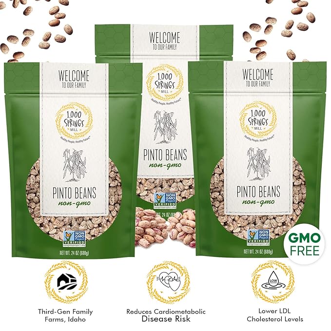 1000 SPRINGS MILL - Non-GMO Pinto Beans | Used for Soups, Stews, Dips, Chili, Burritos, Refried Beans and more | Bulk Dry Brown Beans | Resealable Bag | Vegan Friendly | 24oz (Pack of 3)