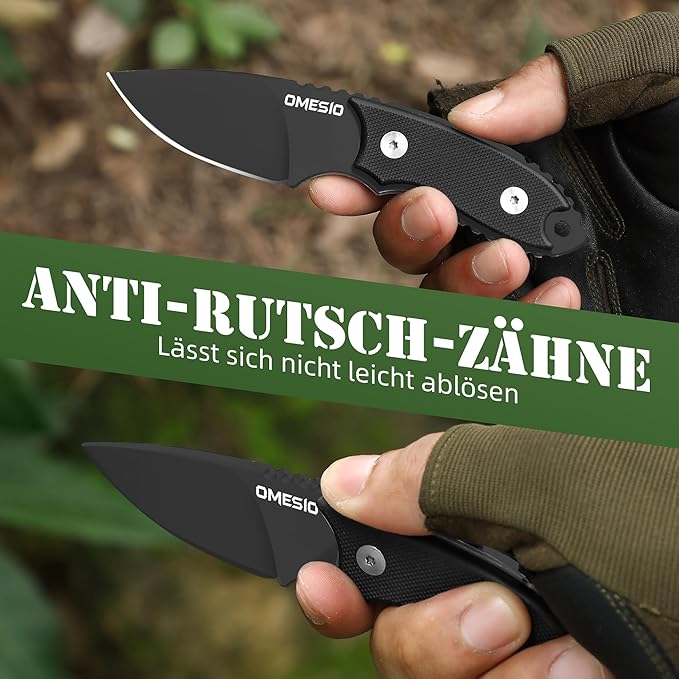 Omesio Neck Knife, 5.43" Neck Knife with Sheath and Necklace, Full Tang Small Mini Fixed Blad Knife with Clip D2 Steel 2.17-Inch Blade G10 Handle for Camping, Tactical (Black Handle + Black Blade)