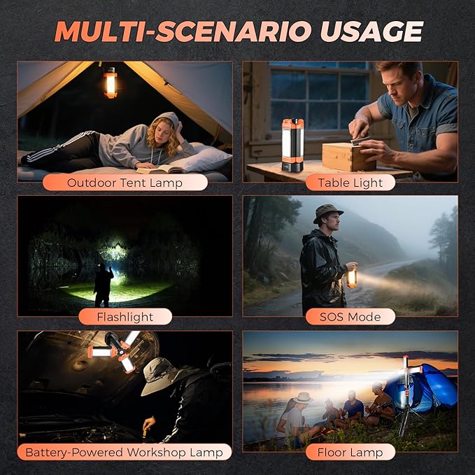 Portable Camping Light with Stand, 20000mAh Outdoor Work Light 800-3200 Lumen, 6.1ft Height with Detachable Tripod, 3300-6500K Dimmable LED, Camping Essentials Gear Emergency Flashlight