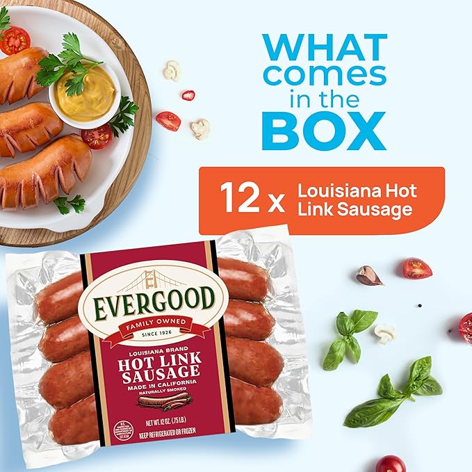 Evergood Louisiana Hot Link Sausage Bundle - 12 Packs, Bold Cajun-Style Pork Links, Naturally Smoked, Spicy, Grill Ready, Fully Cooked