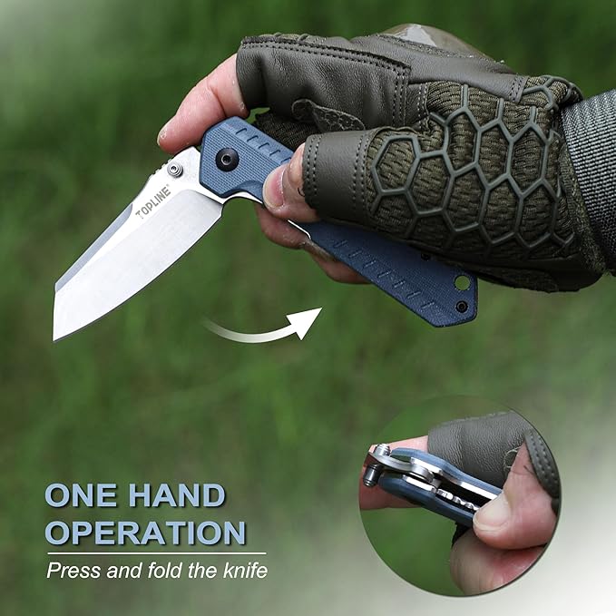 TOPLINE Folding Pocket Knife with G10 Handle, 14C28N Steel Blade Camping Folding Knife, Liner Lock, Portable Pocket Knife for Men, Women, Outdoor Users, Lightweight EDC Knife for Hunting, Survival, Blue
