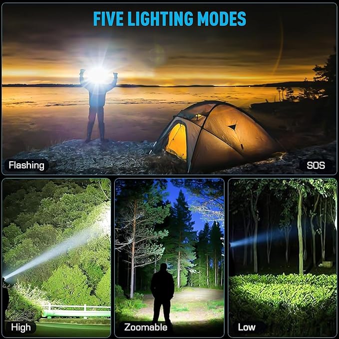 Headlamp 90000 LUMENS LED Rechargeable Head Lamps, Zoomable Headlight with 5 Modes & IPX7 Waterproof, 120° Adjustable Head Lights for Forehead for Outdoor, Camping, Hard Hat, Hunting,Fathers Day Gift