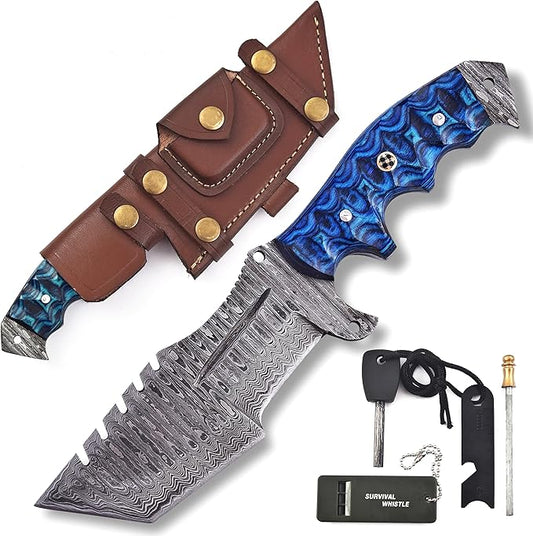 KIMPE 10.5?™â€?Damascus Hunting Knife with Leather Sheath-Fixed Blade EDC Knife-Bushcraft Knives-Wood Handle-Best Camping & Survival Knives-Knives for Men. (Pakka-Blue)