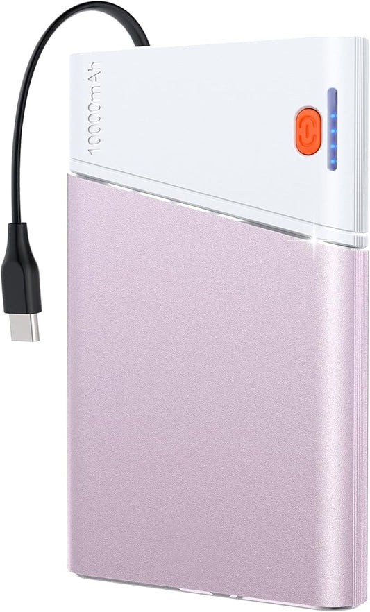Portable Charger Power Bank, 10000mAh 22.5W PD Super Fast Charging Powerbank with Built-in USB C in&Out Cable, Slim External Phone Battery Pack for iPhone 17/16/15 iPad Samsung S24 Android etc