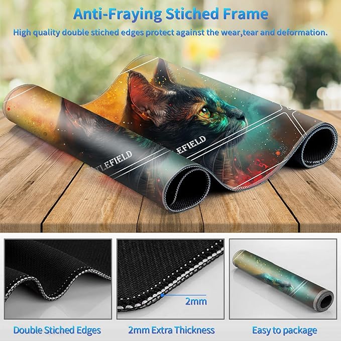 Playmat for MTG with Magic Zones, 24 x 14 inches Game Play Mat for MTG TCG, Trading Card Game Play Mat Desk Mats with Stitched Edges Non-Slip Base, Galaxy Cat