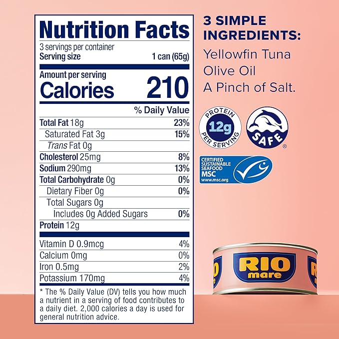 Rio Mare Premium Yellowfin Tuna with a Drizzle of Olive Oil, 2.3 Ounce Can (24 Pack), Italy's No.1 Tuna Brand, Wild Caught, High Protein Canned Tuna, No Draining Required
