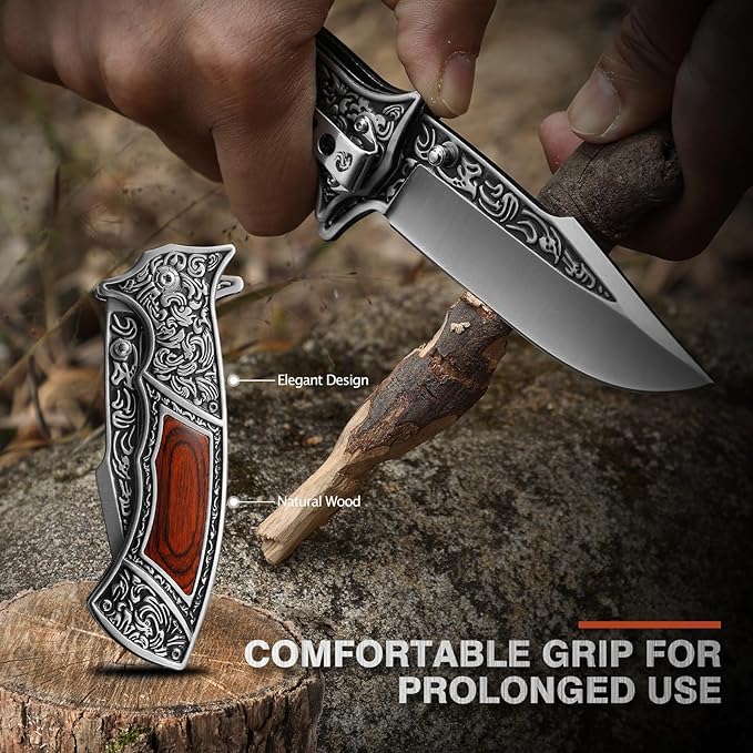 Pocket Knife with Sheath and Clip, 440C Stainless Steel Folding Knife 3D Retro Embossed Pattern, Gifts Christmas, Birthday, Father's Day (D-J37)