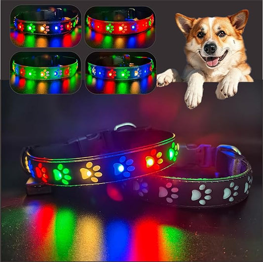 LED Light Up Dog Collar, USB-C Rechargeable, Multicolor Paw Print Design, 15 Modes Lighting Night Safety (Black Pro, L(15.7-19.7"))