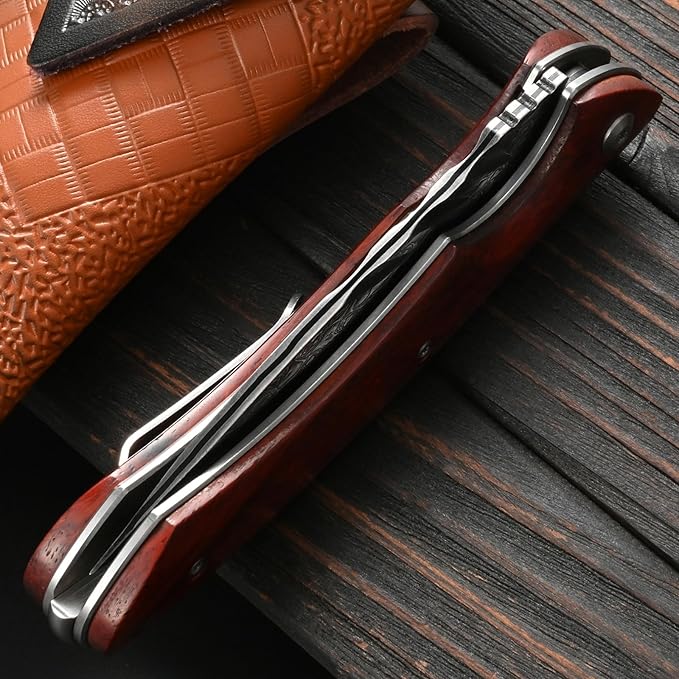 Sitivien ST242 Damascus Steel Folding Knife,Flipper Liner Lock Knife with Damascus VG10 Core Blade,Dalbergia Handle for Everyday Carry, Hunting and Outdoor …