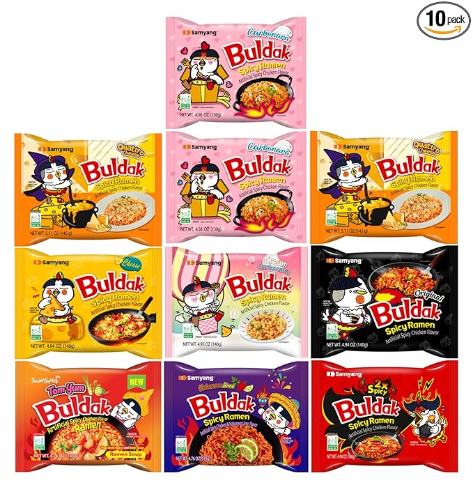 KF GOODIES Korean Ramen Variety Pack Gift Box (10 Count) ??Spicy Buldak Noodle Assortment for Birthdays, College Care Packages, Office Snacks, and Gift Baskets