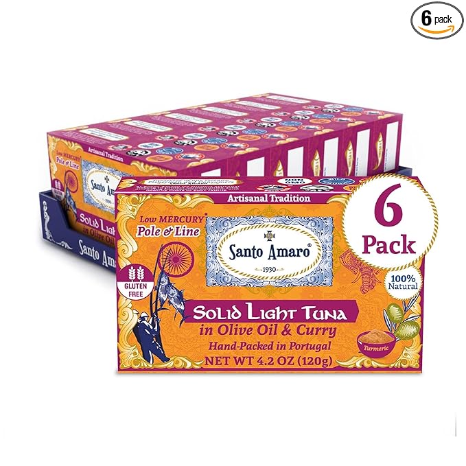 Santo Amaro - Artisanal Wild Tuna Fillets in Olive Oil & Turmeric Curry, Pole & Line Caught from Portugal, Hand-Packed Goa-Style Natural Canned Tuna, 22g Protein, Keto, 124 Cal, Low Mercury, Pack of 6