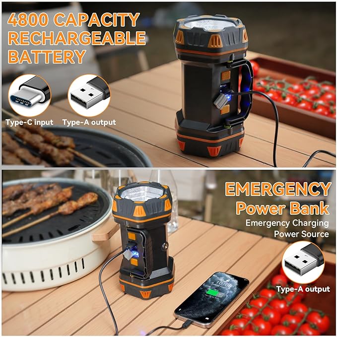 Camping Lantern Rechargeable, 2 Pack Orange LED Camping Flashlight, 4800 Capacity Battery Powered, Portable Camping Light 4+4 Modes for Emergency Outdoor Hiking Power Outages Fishing