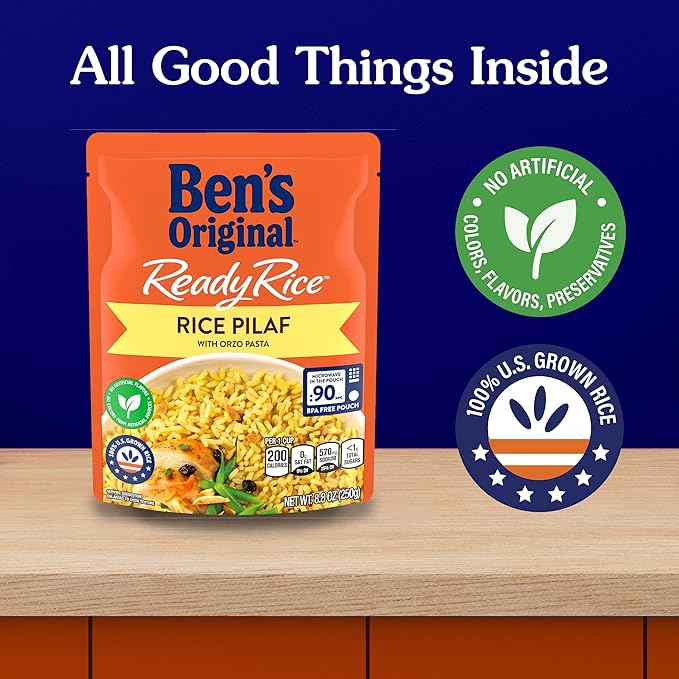 BEN'S ORIGINAL Ready Rice Rice Pilaf Flavored Rice, Easy Dinner Side, 8.8 oz Pouch (Pack of 12)