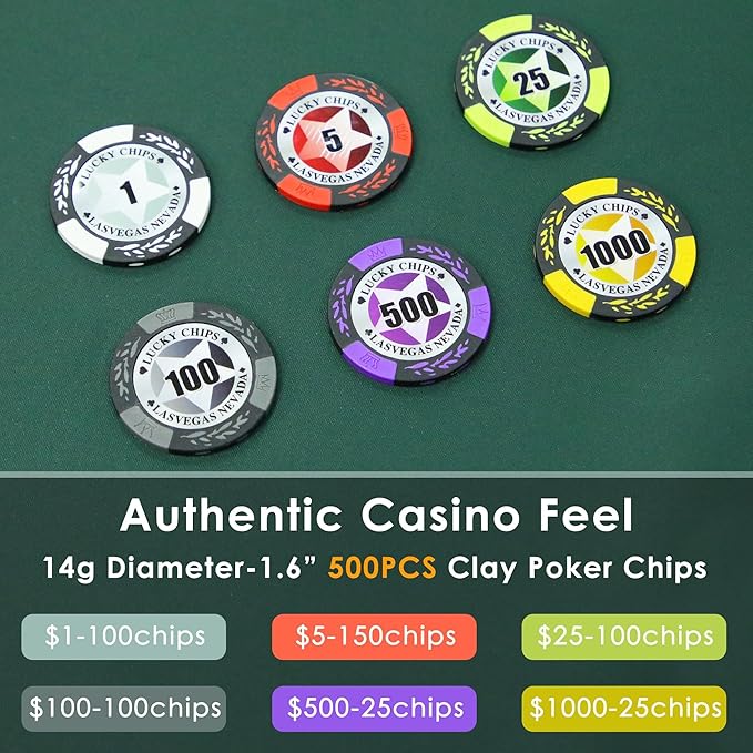 ORIENGEAR Poker Chip Set with Denominations, 500 PCS 14 Gram Clay Composite Casino Chips with ABS Case & 2 Decks of Plastic Cards, for Texas Holdem Blackjack Gambling Games