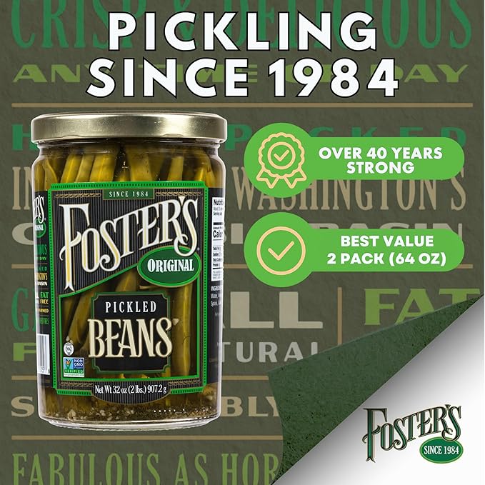 Foster's Pickled Green Beans in a Jar, Original, 32oz, 2 Pack, Traditional Pickled Vegetables Recipe for over 40 years, Low Calorie Snack, Gluten Free, Fat and Preservative Free Pickles