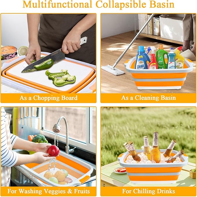 Collapsible BBQ Prep Tubs with Lids, Grill Cutting Board, Camping Sink with Drainage Hole for Meal Prep, Fruit Wash and Food Storage, Marinating Container, 30L Orange Tub 24"