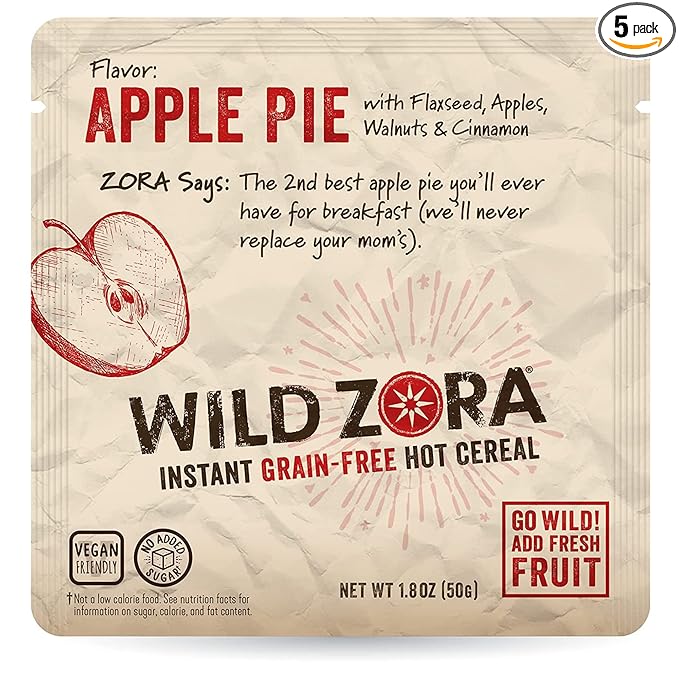 Wild Zora Instant Grain-Free Hot Cereal - Tasty Paleo Friendly Cereals, Instant Hot Meal, Breakfast to Go, Oatmeal Substitute, No Added Sugar, Grain, Dairy, or Soy, Gluten Free, Apple Pie, 5-pack
