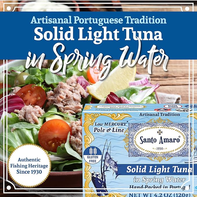 Santo Amaro - Artisanal Wild Tuna Fish in Spring Water, Pole & Line Wild Caught Tuna from Portugal, Hand-Packed Canned Tuna, Solid Light Tuna, 24g Protein Keto, 90 Calories, Low Mercury, Pack of 6