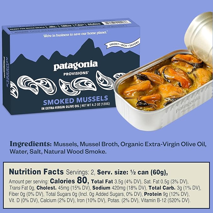 Patagonia Provisions Tinned Fish Variety Bundle | (1) Smoked Mussels, (1) Lemon Caper Mackerel, (1) Coconut Curry Sardine, (1) Lemon Olive Anchovy