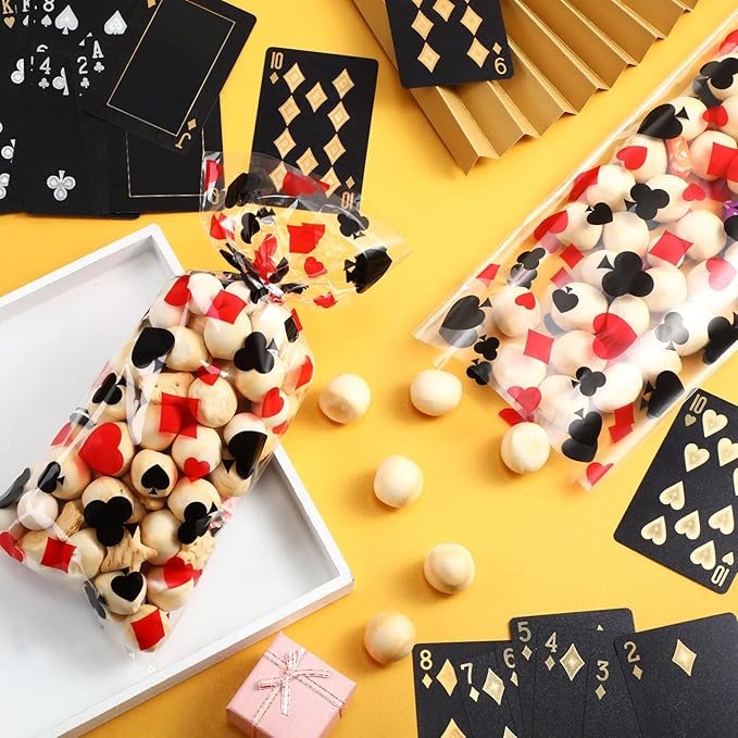 100 Pieces Casino Party Cellophane Treat Bags, Black Red Las Vegas Poker Plastic Candy Goodie Bags with 100 Silver Twist Ties for Casino Themed Poker Birthday Party Supplies