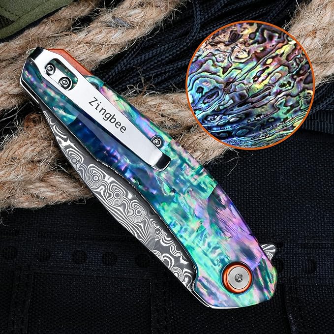 Damascus Pocket Knife, 3.03" VG10 Damascus Steel Blade Folding Knife with Abalone Shell Handle, EDC Camping Knives for Outdoor Indoor, Gifts for Women Men
