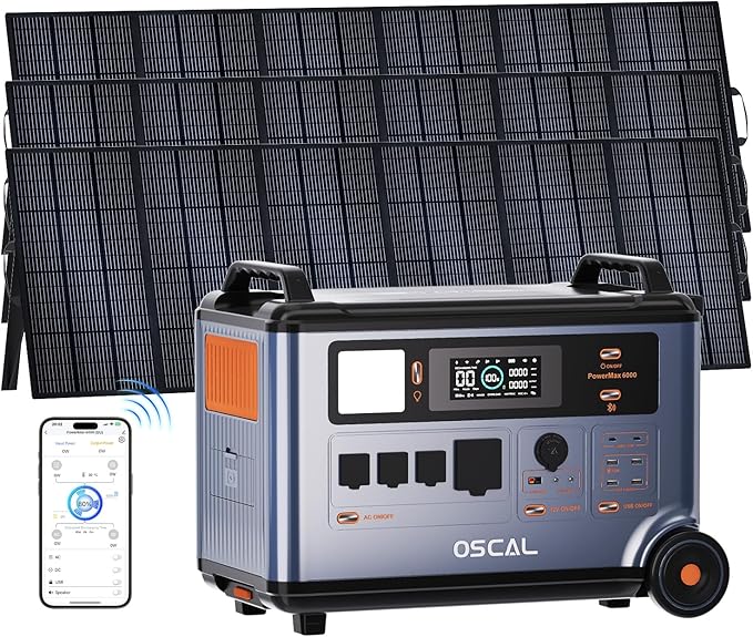 OSCAL Promax6000 Solar Generator with 3x500W Solar Panel,6000W(Peak 7200w),120V/240V Dual Voltage Portable Power Station,3600WH Lifepo4 Battery 14 Outlets,2200W 1.96H Fast Charge,for Home Backup,RV.