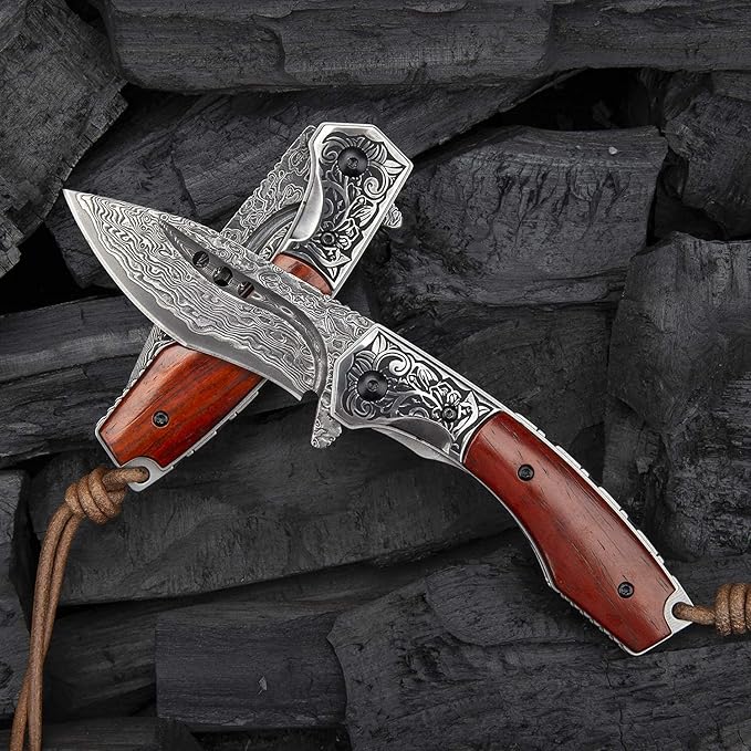 hand made damascus steel pocket knife, 3.1 inch outdoor folding knife, camping rosewood handle with leather case and inner lining