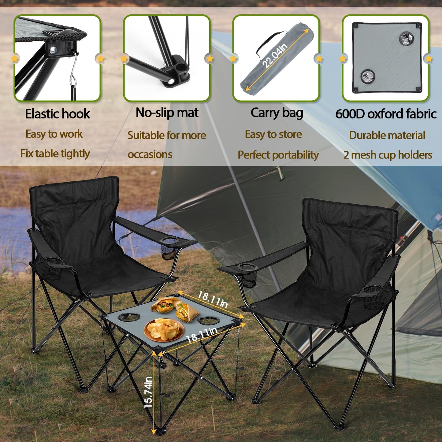 HaSteeL Folding Camping Chair Set of 3, Foldable Black Camp Chairs & Grey Table, Large Lawn Chair