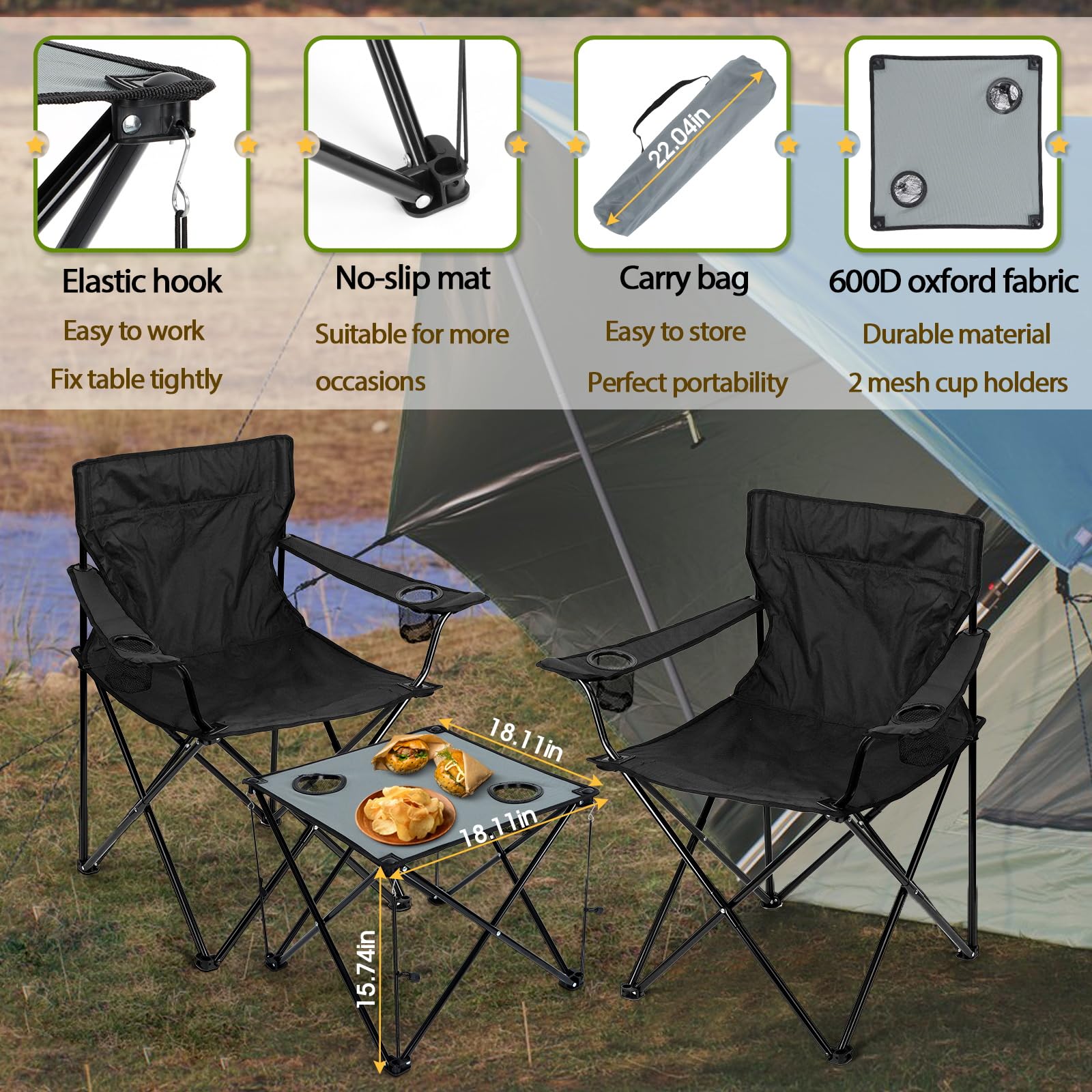 HaSteeL Folding Camping Chair Set of 3, Foldable Black Camp Chairs & Grey Table, Large Lawn Chair