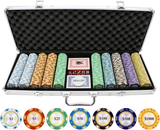 Poker Chip Set - Casino Grade 13.5g Poker Chips, 7 Color Chip Denomination - 2 Decks of Cards, Dice, Dealer Button 13.5g Clay Monte Carlo Poker Chips Set