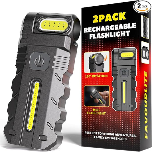 Favourlite 2PACK LED Flashlight Rechargeable, 600 Lumens Portable Flat Mini Flashlights with Clip Magnetic Small Flashlight for Camping, Emergency, Hiking (2, Black)