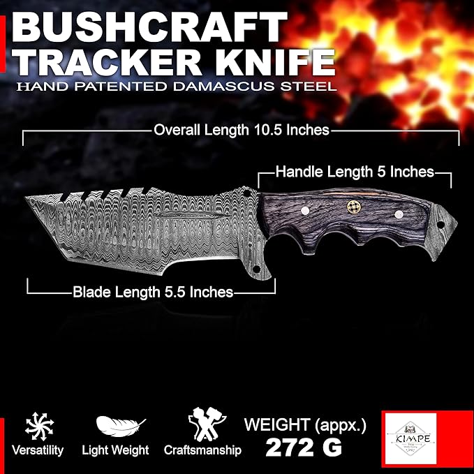 KIMPE 10.5?™â€?Damascus Hunting Knife with Leather Sheath-Fixed Blade EDC Knife-Bushcraft Knives-Wood Handle-Best Camping & Survival Knives-Knives for Men. (Pakka-Grey)