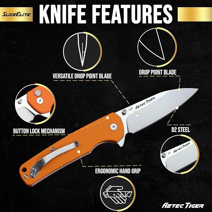 SliceElite 3.6-Inch Aztec Tiger Folding Knife | Pocket Knife with Orange G10 Composite Handle, D2 Steel Drop Point Blade & Stainless Steel Pocket Clip | EDC Gear Knife with Button Lock for Outdoor Use