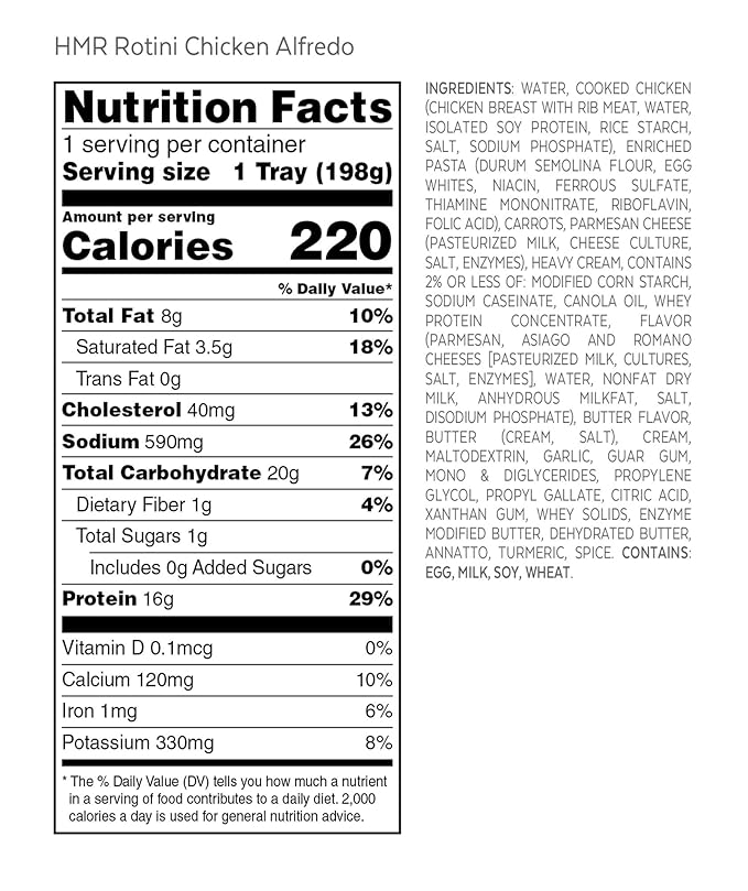 HMR Rotini Chicken Alfredo Entrée | Pre-packaged Lunch or Dinner to Support Healthy Eating | Ready to Eat | 16g of Protein | Low Calorie Food | 7oz Serving per Meal | Pack of 6