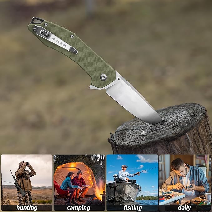 FLISSA Pocket Knife, Folding Tactical Knife with G10 Handle, D2 Blade, Liner Lock, Pocket Clip, EDC Knife for Hiking, Camping, Survival, Indoor and Outdoor Activities(Green)