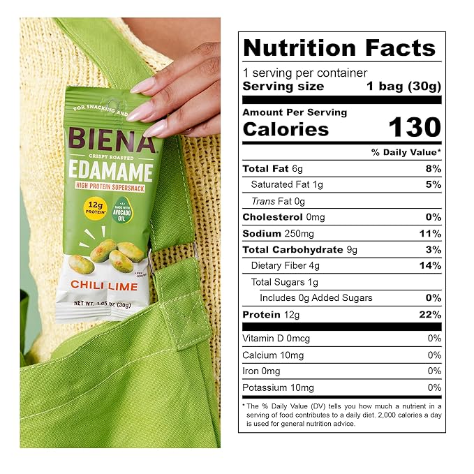 Biena Crispy Roasted Edamame Beans Snack ??High Protein Low Carb Snack for Adults & Kids, 12g Protein per Serving - Made w/Avocado Oil ??Vegan, Gluten-Free ??10-Pack, 1.05oz Bags, Chili Lime
