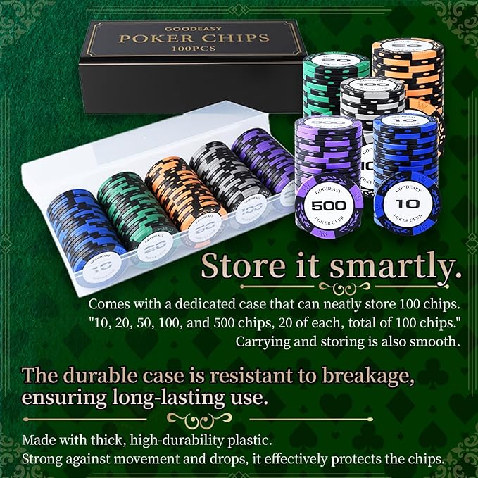 Poker Chip Set ??100 Clay Chips with Carrying Case, Beginner-Friendly, Home Casino, Gift-Ready, Casino Grade