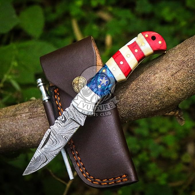 Damascus Steel Pocket Knife with Clip and Leather Sheath - EDC Knife for Outdoor and Camping Activities, Handmade Folding Knife, Free knife Sharpner (American Flag handle) (American Flag Handle)