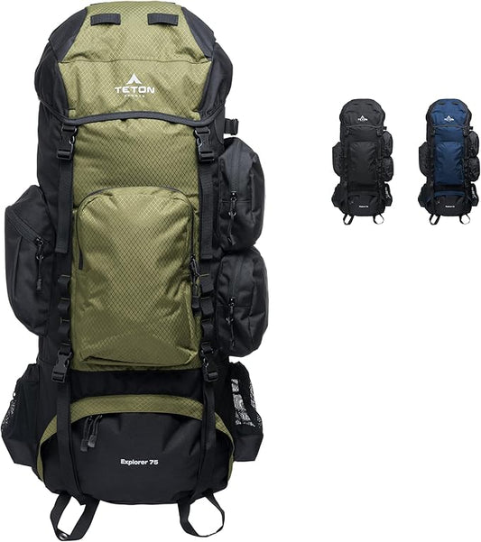 Teton 75L Explorer Internal Frame Backpack for Hiking, Camping, Backpacking, Rain Cover Included, Olive