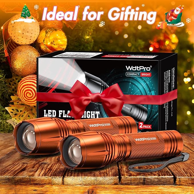 WdtPro LED Flashlight High Lumens SR2000 Pro, 2 Pack Brighter Tactical Flashlights with 5 Modes & Zoomable, Powerful Mini Flash Light for Emergency, Camping, Hiking (Orange)
