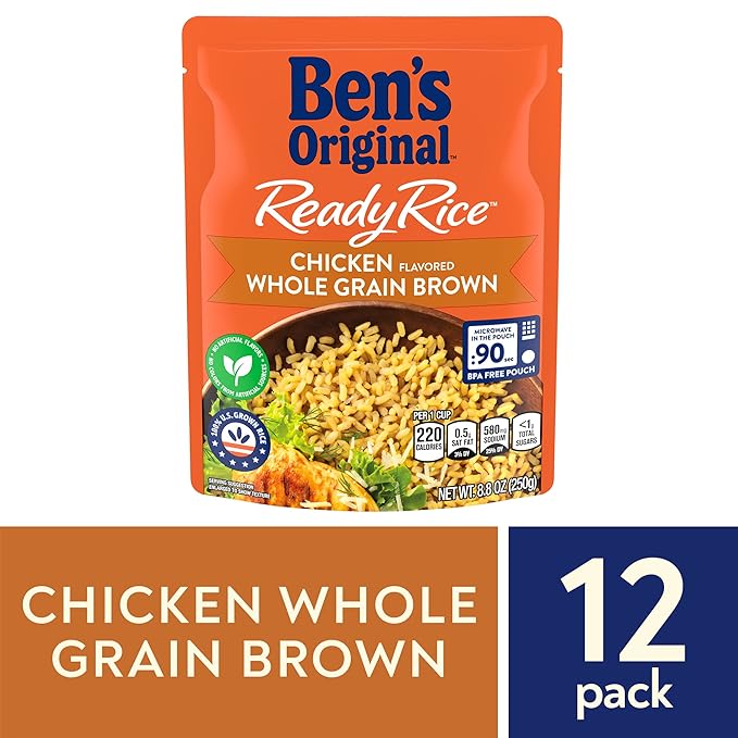 BEN'S ORIGINAL Ready Rice Chicken Flavored Whole Grain Brown Rice, Easy Flavored Rice Dinner Side, 8.8 oz Pouch (Pack of 12)