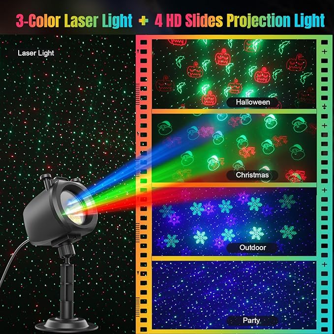 Halloween Christmas Laser Lights Projector Outdoor with 4 Dynamic Slides, 2-in-1 Moving RGB Firefly Laser Lights with Remote,Timer, Landscape Holiday Porjector for Window Wall Xmas Decor