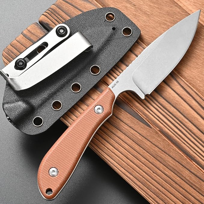 FF101 Micarta Handle Fixed Blade Knife, AUS-10 Steel Blade Full Tang Knife with Sheath for Outdoor Camping Hunting Fishing Working (Brown)