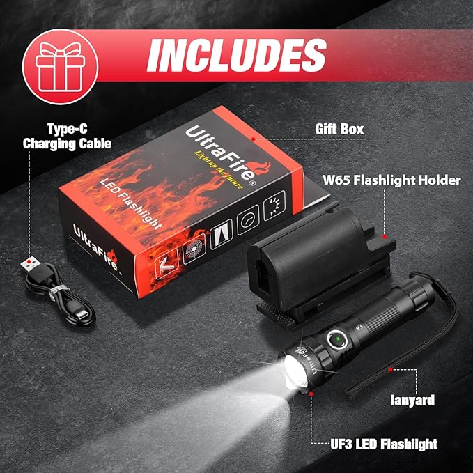ULTRAFIRE Police Flashlight with Holster, 1200 High Lumen Law Enforcement Flashlight with Holster for Duty Belt, Tactical Flashlight with Belt Holder, Rechargeable Small LED Flash Light UF3