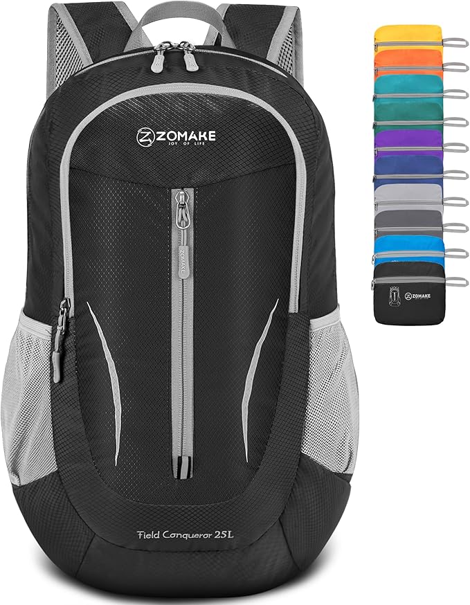 ZOMAKE Ultra Lightweight Packable Backpack 25L, Foldable Hiking Backpacks Water Resistant Small Folding Daypack for Trave(Signal black)