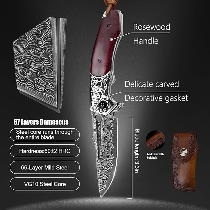 Handmade japanese vg10 damascus steel pocket knife,rosewood handle,sheath,liner lock,folding knives for outdoors camping hiking fishing
