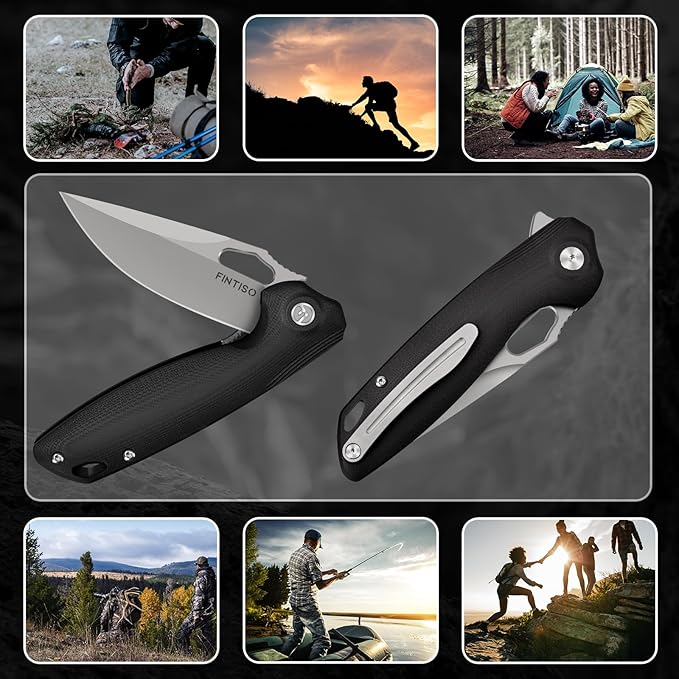 FINTISO Pocket Knife 3.38" Folding Knife Premium 14C28N Blade G10 Handle, Camping Survival Hiking Knife, Best Gift for Men Women, Atlas Series